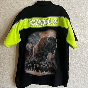 Biker Apparel Deadwood SD‎ Black Button Shirt Men Size XL Bison Liquid Blue Hunt